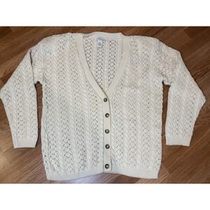 Vintage Lands End Cardigan Open Knit Chunky Fisherman Sweater 90s Cream Sz LG